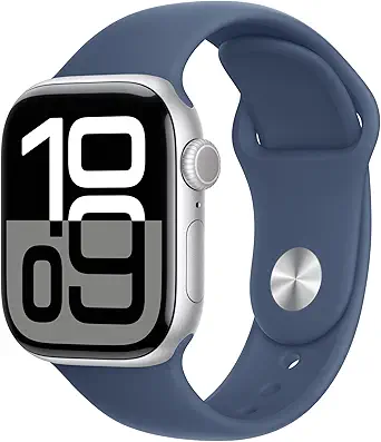 Apple Watch Series 10 [GPS 42mm case] Smartwatch with Silver Aluminium Case with Denim Sport Band - S/M. Fitness Tracker, ECG App, Always-On Retina Display, Water Resistant
