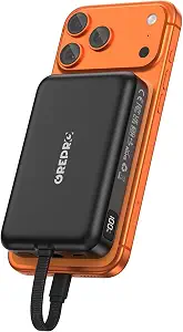 GREPRO Magnetic Power Bank, 10000mAh Built-in 22.5W USB-C Cable for iPhone