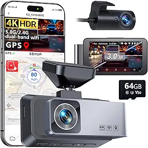 Dash Cam Front and Rear, 4K HDR Dash Camera for Cars, 3" IPS Screen Dash Cam Built-in GPS with 5.8G WiFi UHD Night Vision Free 64G Card, Parking Monitor, G-Sensor
