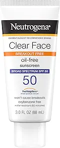 Neutrogena Clear Face Sunscreen Lotion for Acne-Prone Skin, Broad Spectrum SPF 50 Facial Sunscreen for Oily Skin, Oil-, Fragrance- & Oxybenzone-Free Water Resistant Sunscreen, 3 fl. oz