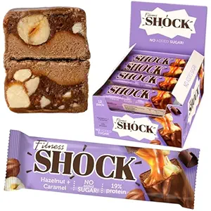 Fitness SHOCK Hazelnut Caramel Protein Bars - Gluten Free, No Added Sugar, Low Calorie Low Carb Snack - 10g Protein, 0g Added Sugar, 190 Kcal, 16g Net Carbs - 12 x 50g