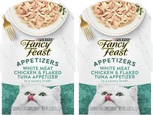 Fancy Feast Purina Appetizers Lickable Grain Free Wet Cat Food Topper White Meat Chicken and Flaked Tuna Appetizer - 1.1 oz. Trays,(Pack of 20)
