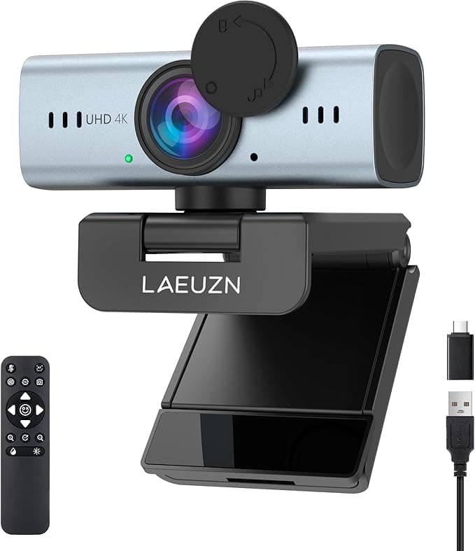 UHD Ultra 4K Webcam for PC, PDAF Autofocus, Privacy Cover, Dual Noise-Canceling Mics, Auto Light Correction, USB Plug&amp;Play Web Cams, Type-C Adapter, Remote Control, Computer Camera for Live Streaming