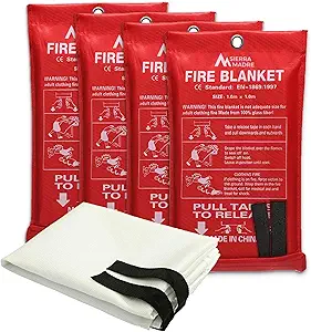 Sierra Madre Emergency Fire Blanket for Home and Kitchen – 100% Fiberglass Fire Suppression Blanket (40x40) for Car, Office & Camping – Instantly Smothers Flames – Lightweight & Reusable (Pack of 4)