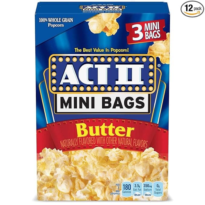 Act II Mini Bags Butter Microwave Popcorn, Movie Night Supplies, 1.58 oz., 3-Count Bags (Pack of 12)