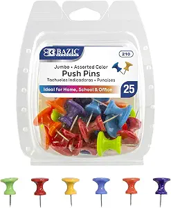 BAZIC Products Thumbtacks, Assorted Color Jumbo Plastic Head Push Pins – Durable Steel Tacks for Walls and Cork Boards, Poster Pins, and Pushpins for Home, Office & School, 25/Pack, 1 Pack
