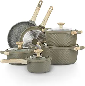 Bambù 10Pcs Cookware set, Die-cast Aluminum pots and pans, Nonstick frying pans and casseroles, Induction safe, PFOA-free (Green, 10 pcs)