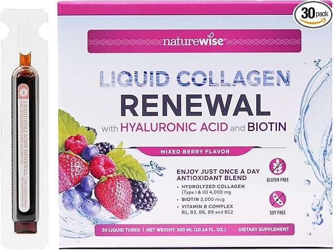 NatureWise Hydrolyzed Liquid Collagen for Women & Men 4000mg - High Absorption, Type 1 & 3 Peptides with Biotin + Vitamin C + Vitamin B Complex & Hyaluronic Acid -Mixed Berry - 30 Tubes[30 Day Supply]