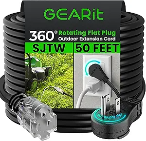 GEARit 360 Rotating Plug Indoor Outdoor Extension Cord Waterproof 50ft - 16 Gauge 16/3 AWG, 13A 1625W, 3 Prong Heavy Duty Extension Cord Weatherproof Power Cable for Outdoor Landscaping, Lights, ETL