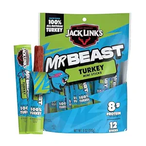Jack Link's MrBeast Mini Turkey Jerky Sticks - (12 Pack) 0.5 oz | Individually Wrapped Protein Snacks - 8g Protein per Serving - Made with 100% All Natural Turkey - Meat Sticks