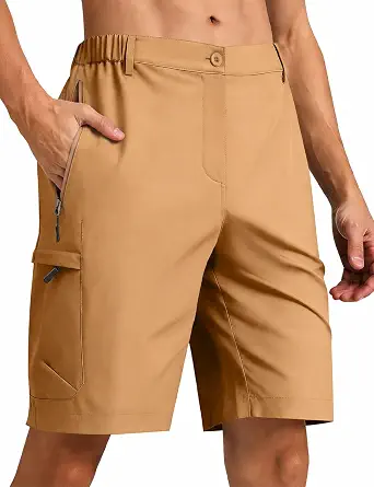 Men's 9" Hiking Cargo Shorts Quick Dry Stretch for Outdoor Work Golf | 6 zipper pockets keep phone and wallet secure; UPF 50+ water-repellent fabric resists light splashes for tactical travel.
