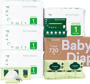 PurComfy Baby Diapers and Wipes Kit, Size 1, Baby Wipes, Baby Dry Wipes | Includes Size 1 (208Ct), 6 Pack (360Ct) Baby Wipes, 2 Pack (120Ct) Dry Wipes, 4 Pack Tavel Wipe, Total 720 Ct, Plant Based