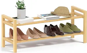 Haddockway Bamboo Shoe Rack for Closet, Free Standing Shoe Organizer with Smooth Round Rods & Convenient Handles, Stackable Shoe Storage Shelf for Entryway, Hallway(Natural, 2-Tier)