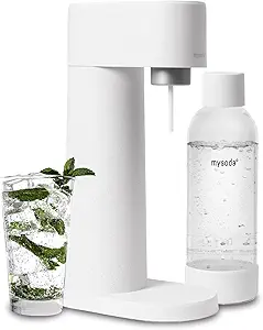 Mysoda Woody Sparkling Water Maker - Soda Streaming Machine Silent Carbonated Water Machine Robust Long-Lasting Aluminium Soda Maker 1L Water Bottle Without CO2 Cylinder - White Soda Machine