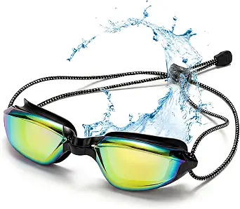 Aegend Swimming Goggles with Adjustable Bungee Strap, No Leak Anti-Fog UV Protection Mirrored Swim Goggles for Adults