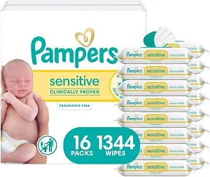 Pampers Sensitive Baby Wipes, Clinically Proven, Fragrance Free, Unscented, Water Based, Hypoallergenic, Multi-Use, Hand Wipes 1344 Wipes Total (24X Flip-Top Packs) [Packaging May Vary]