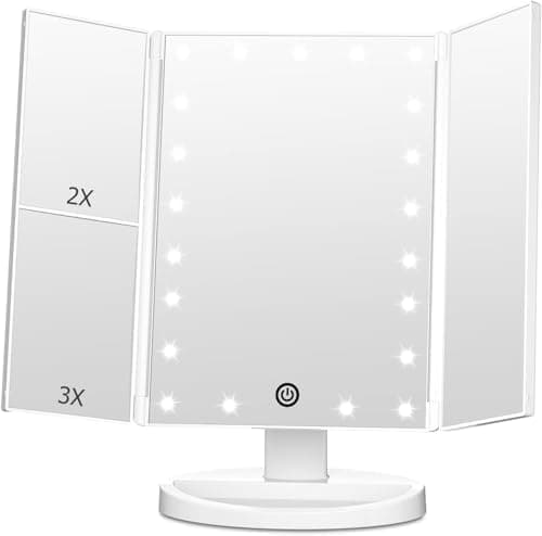FASCINATE Trifold Vanity Mirror with Lights, Lighted Makeup Mirror 2X/3X Magnification, 21 LED Touch Dimming, Dual Power 180° Rotation Lit Beauty Table Mirror, Make up Mirror with Lighting
