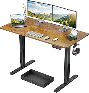 Marsail 48x24 Electric Standing Desk with Drawer, Computer Desk, Sit Stand Office Table with Storage & Hooks & Cable Management, Ergonomic Height Adjustable Table for Home Office, Brown