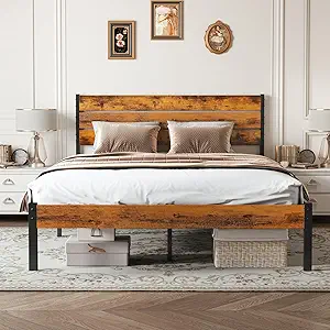 Sweetcrispy Queen Size Bed Frame with Headboard, 800LBS Mattress Foundation with All Sturdy Metal Support, Under Bed Storage, No Box Spring Needed, Easy Assembly, Rust Brown