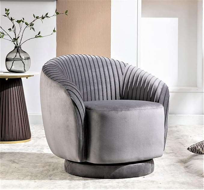 Container Furniture Direct Modern Barrel Swivel Chair with Plush Velvet Upholstery and Smooth 360° Rotation, Round Accent One-Seater Sofa for Living Room, Bedroom, and Office, Grey
