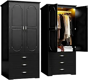 Armoire Wardrobe Closet with 3 Drawers and LED Light 72" Wooden Bedroom Armoire with 2 Doors and Retro Ceramic Door Handles Modern Wardrobe Cabinet with Removable Hanging Rod Black