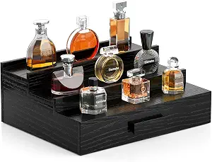 Solid Walnut Cologne Organizer for Men,Cologne Stand,3 Tier Wooden Cologne Holder Shelf Display,Perfume Stand Organizer with Drawer and Hidden Compartment,Gift for Men Dad Husband,Black