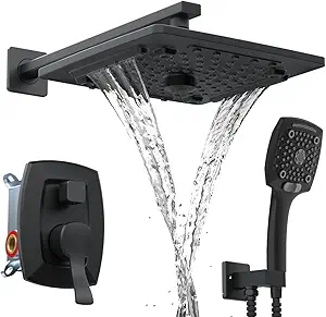 ELLO&ALLO Matte Black Bathroom Shower Faucet Set with Valve, Rainfall Shower Head with Handheld Combo