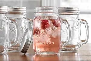 Glaver's Mason Jar 16 Oz. Glass Mugs with Handle and Lid Set Of 4 - Home Essentials & Beyond - Old Fashioned Drinking Glass Bottles Original Mason Jar Pint Sized Cup Set.