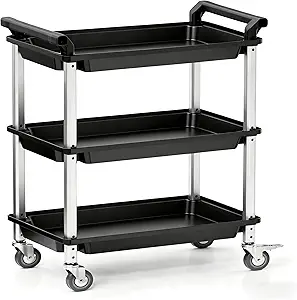 Heavy Duty 3 Tier Rolling Utility Cart, Metal Frame Rolling Storage Cart, Total Load Capacity 282 lbs, Utility Cart on 2 Lockable Wheels for Warehouses, Restaurants and Kitchens