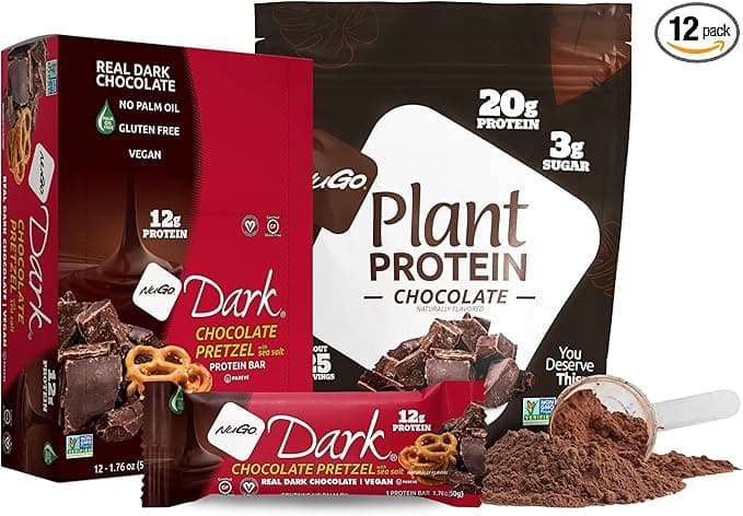 NuGo Dark Chocolate Pretzel w/SS, 12g Vegan Protein, Gluten Free, Kosher Pareve, Non-GMO, 12 Count and NuGo Plant Protein Powder, Chocolate, 20g Protein, 3g Sugar, 25 Servings
