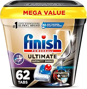Finish Ultimate Infinity Shine Dishwasher Pods, No Pre-Rinse Dishwasher Detergent Soap Removes Burnt-On Stain, with Protector Shield & CycleSync Technology, Degreasing & Scrubbing Power, 62 Count