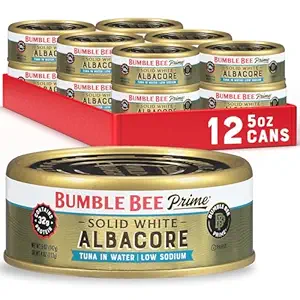 Bumble Bee Prime Low Sodium Solid White Albacore Tuna in Water, 5 oz Cans (Pack of 12) - Premium Wild Caught Tuna - 32g Protein per Serving - Non-GMO Project Verified, Gluten Free, Kosher