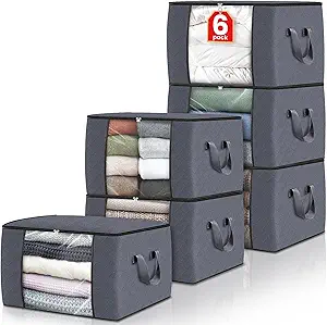 Fab totes 6 Pack Storage Bags for Clothes and Blanket, Foldable Closet Organizers and Storage with Zippers, Clear Window and Handles, Fabric Storage Bins for Sweater, Comforter, Bedding,Linen Sheets