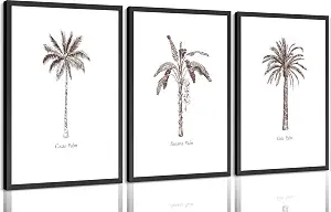 Set of 3 Palm Tree Wall Art, Vintage Botanical Cocos Banana Date Palm Canvas Poster Prints, Minimalist Tropical Wall Decor for Bedroom Living Room Bathroom Unframed