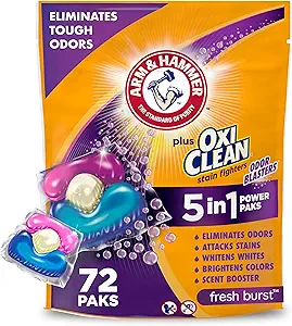 ARM & HAMMER Plus OxiClean With Odor Blasters Laundry Detergent, 5-IN-1 Power Paks, 72 Ct