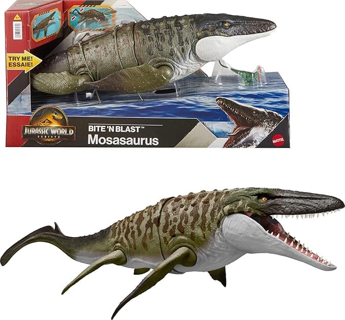 Mattel Jurassic World Rebirth Bite N Blast Mosasaurus Action Figure &amp; Mini Dilophosaurus, Wide Jaw Dinosaur Toy, Movie-Accurate Posable, Digital Play