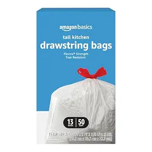 Amazon Basics Flextra Tall Kitchen Drawstring Trash Bags, 13 Gallon, 50 Count, Tear-Resistant, Unscented