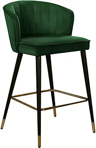 Meridian Furniture 793Geen-C Cassie Collection Modern | Contemporary Velvet Counter Height Stool with Channel Tufting and Gold Tipped, Black Metal Legs, Green, 20" W x 21" D x 36.5" H, Set of 2
