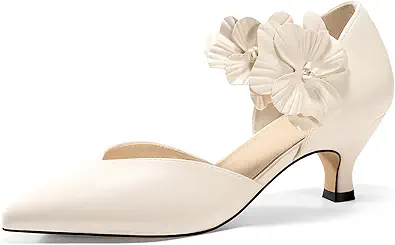 Coutgo Womens Low Kitten Heels Dressy Shoes Comfortable Closed Toe Flower Slip on Formal Party Dance Heeled Pumps