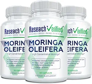 Research Verified Moringa Oleifera Capsules - 100% Pure Moringa Leaf from 4:1 Extract - Clean Plant Based Botanical Supplement - Men and Women - 60 Capsules, 1 Month Supply