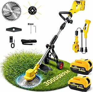 2026 New 30000 RPM Brushless Cordless Weed Wacker with Wheels, 12-Inch Battery Powered Electric Weed Eater, 4-in-1 Grass Trimmer, Brush Cutter, Stringless Weed Trimmer & Lawn Edger (1, Yellow)