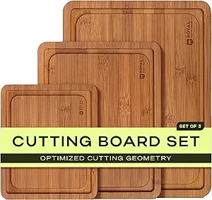 ROYAL CRAFT WOOD Wooden Cutting Boards for Kitchen Meal Prep & Serving - Bamboo Non Toxic Cutting Board Set with Deep Juice Groove Side Handles - Charcuterie & Chopping Butcher Block for Meat (3 Pcs)