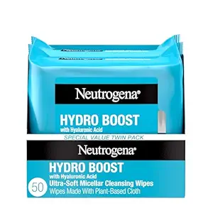 Neutrogena Hydro Boost Ultra-Soft Micellar Cleansing Wipes with Hyaluronic Acid, Hydrating Makeup Remover Wipes Remove Dirt & Waterproof Makeup, Hypoallergenic, Plant-Based Cloth, 2 x 25 ct