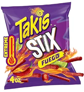 Takis Fuego Stix - Extreme Hot Chili Pepper & Lime Flavored Spicy Corn Sticks Snack Size Bag