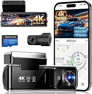 4K Dual Dash Cam Front and Rear,Night Vision,Free Card Included | 4K Front + FHD Rear Rcording, 5.8GHz WiFi, GPS, 3.5" IPS Screen, 170° Wide Angle, G-sensor ,24-Hr Parking Mode