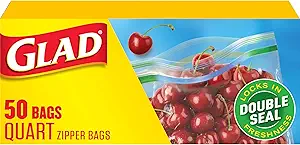Glad Zipper Food Storage Plastic Bags, Quart, 50 Count (Package May Vary)