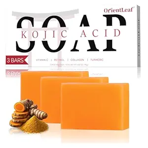 ORIENTLEAF Kojic Acid Soap, Turmeric Soap Bar for Dark Spots, Fresh Citrus Scent, Gentle for Face and Body Wash with Vitamin C, Shea Butter, Retinol, Stocking Stuffers, Christmas Gifts(3 PACK)