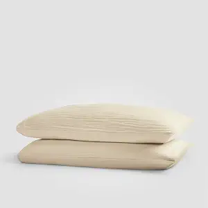 Dune Crinkled Comfort Queen Pillowcase Set, Sandy Beige 100% Cotton Pillow Covers, Oeko-TEX Certified Queen Pillowcases, Crinkled Gauze Cotton with Envelope Closure, Luxury Breathable
