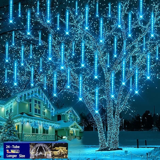 Outdoor Christmas Decorations, 24Tubes Meteor Shower Lights (Equal to 3 Sets of 8-Tubes) Ice Blue LED Icicle Christmas Lights for Halloween Xmas Decorations Tree Party Yard Outdoor