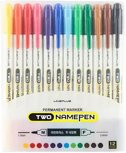 LINEPLUS TWO Namepen Dual Tip Permanent Marker Set - Made in Korea | 12 Assorted Colors with 0.4mm Fine & 1mm Bullet Tips | Multi-Surface Use for Writing, Drawing & Marking